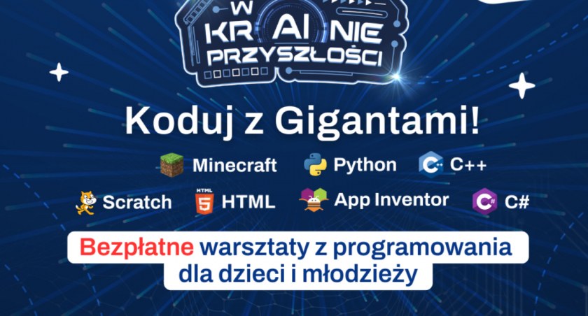 Zdjęcie przedstawia plakat z zaproszeniem na warsztaty kodowania w Sochaczewie