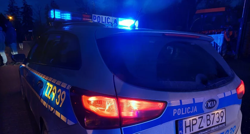 Zdjęcie policyjnego radiowozu z włączonymi sygnałami świetlnymi.
