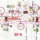 Fragment planu organizacji ruchu z zaznaczonymi zmianami, które wprowadzają balustrady